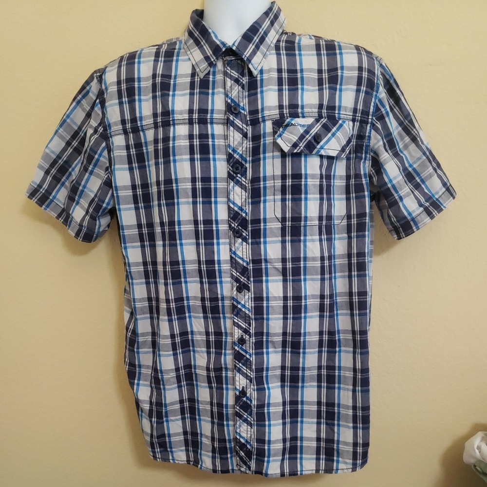 Realtree Mens Large Short Sleeve Plaid Button Down Shirt Blue Navy White Check‎